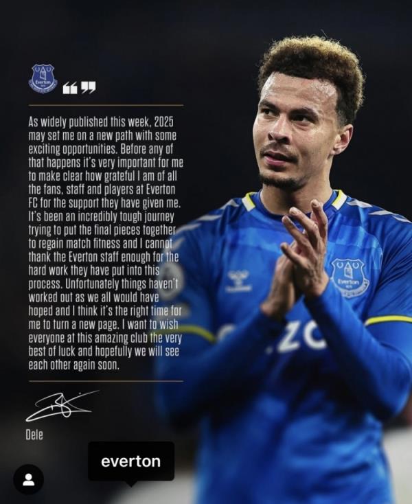 阿里告別埃弗頓：是時(shí)候開始新篇章了，感謝所有人對(duì)我的支持